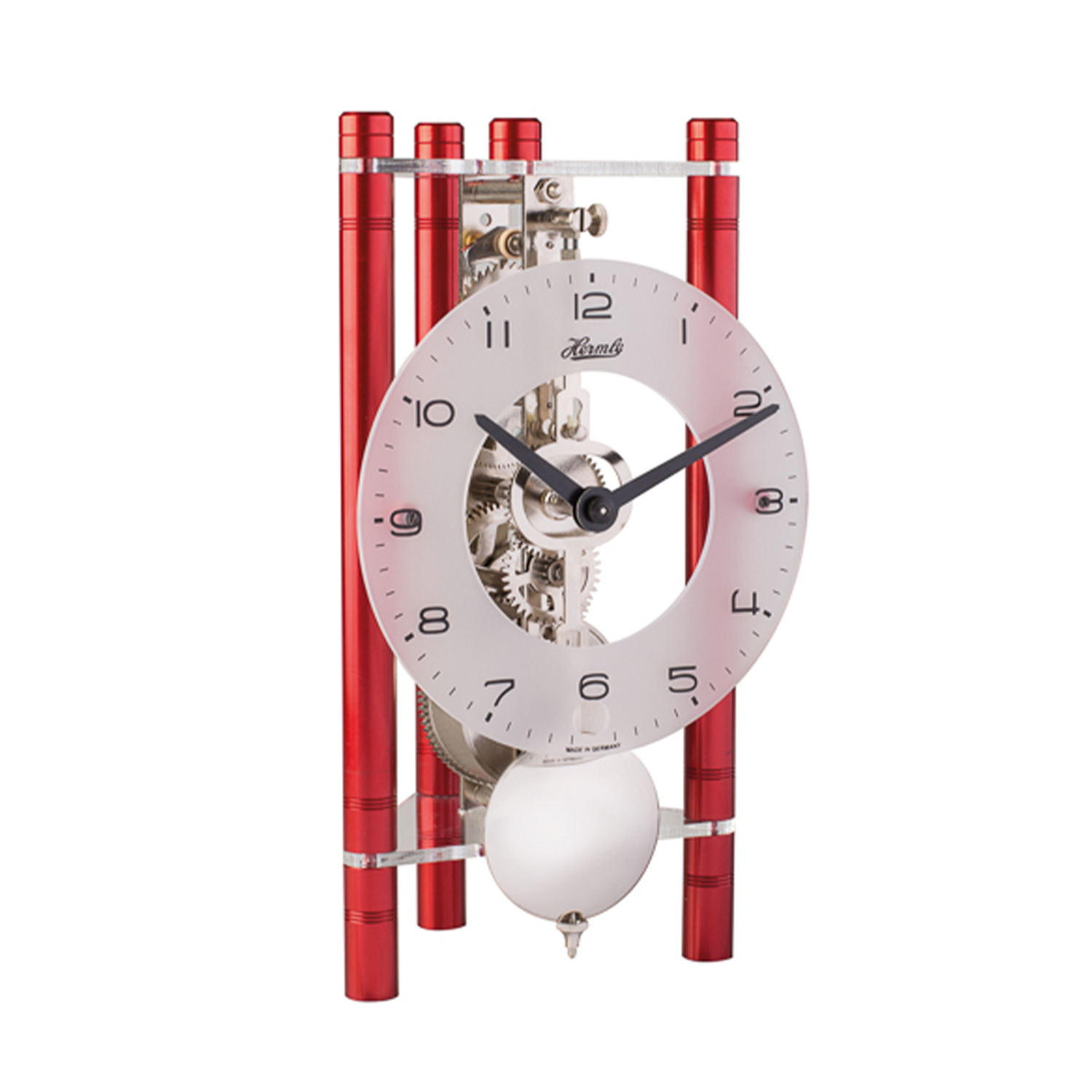 Hermle Tafelklok aluminium Rood, 8-daags Skelet uurwerk, Arabische cijfers