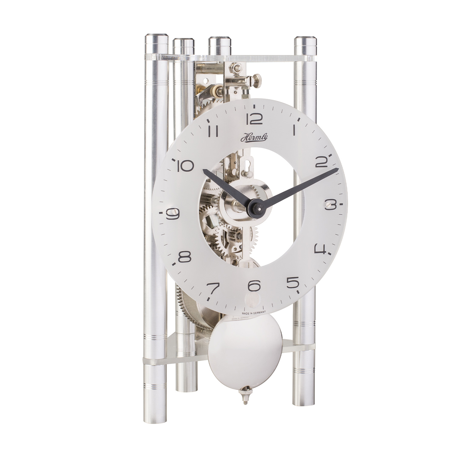 Hermle Tafelklok aluminium Zilver, 8-daags Skelet uurwerk, Arabische cijfers